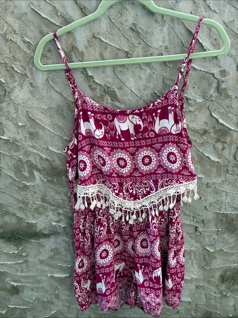 Rue21 Rayon Maroon Elephant Fairy Garden Print Tassel Romper Sz M